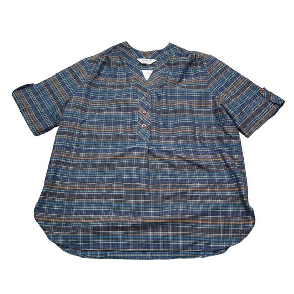 MLM Label Shirt Womens Multicolor Short Sleeve Vneck Button Plaid Blouse - Picture 1 of 16